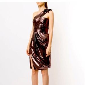 NWT MARCHESA One-Shoulder Draped Lame Cocktail Dress IN BRONZE